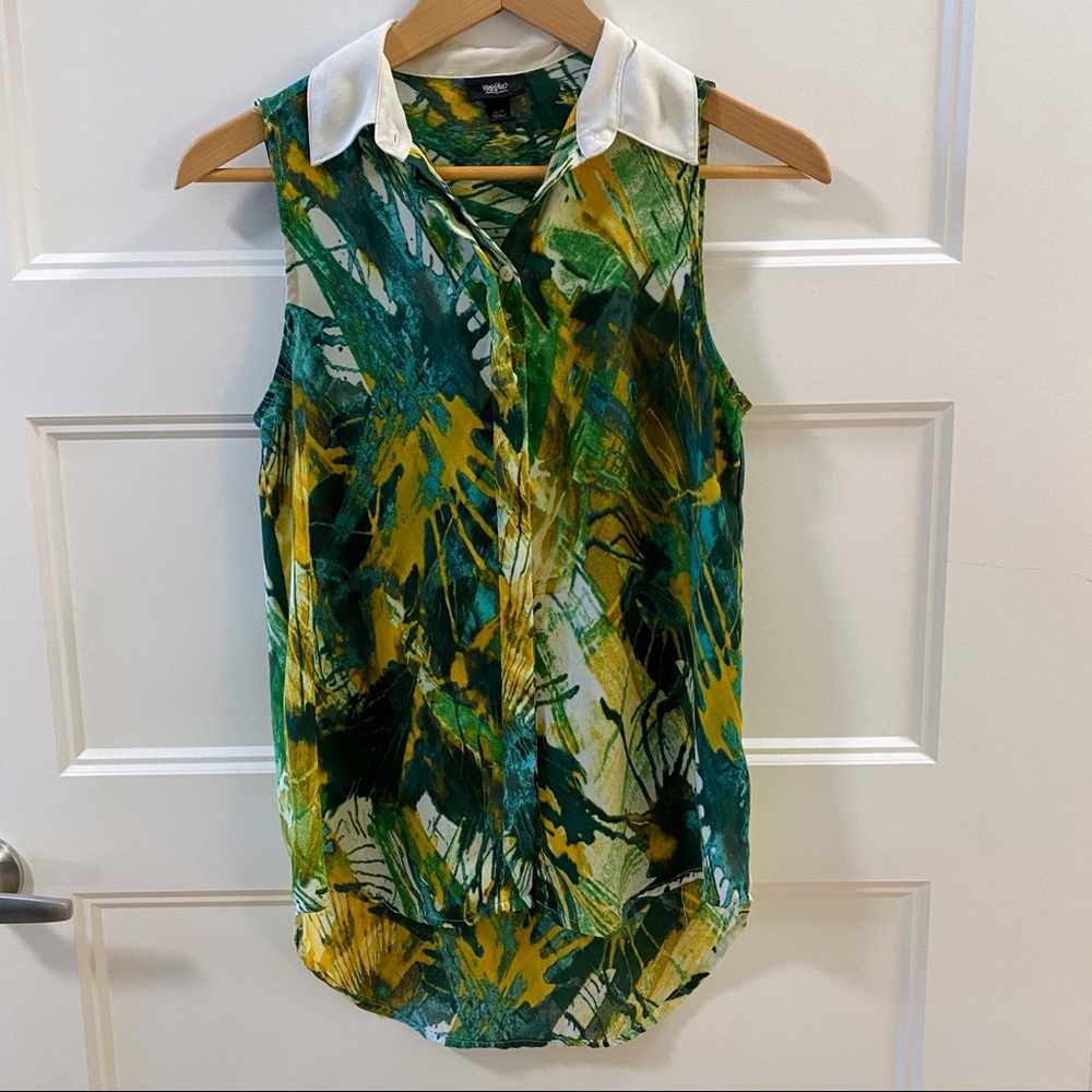 Mossimo XS Abstract Nature Forest collared Sleeveless Blouse EUC